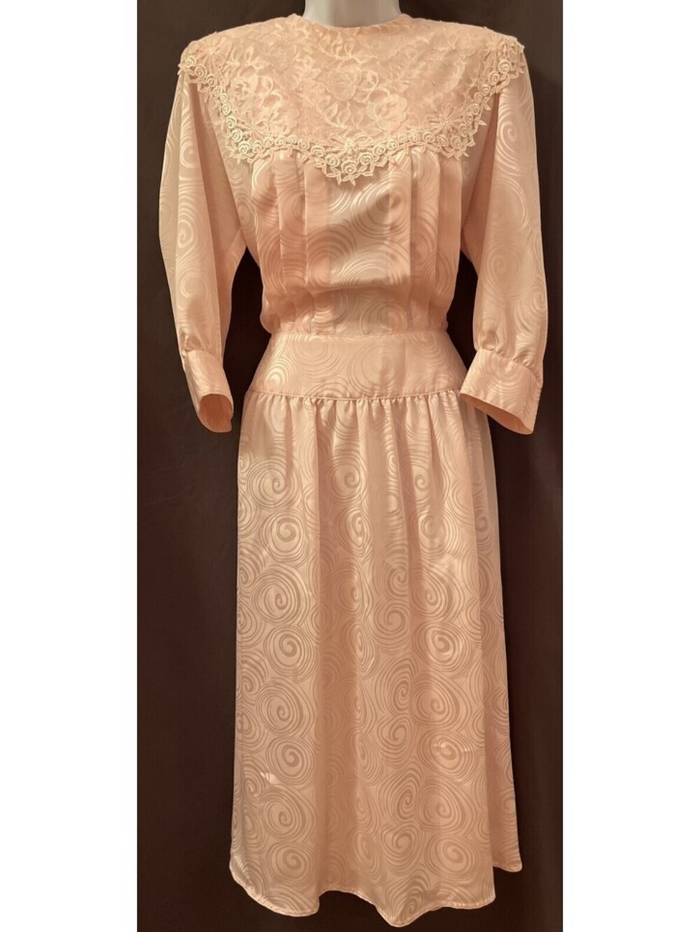 VTG 80s Nilani Pink Jacquard Cottagecore Lace Bibb Mutton Sleeve Midi Dress SZ 6